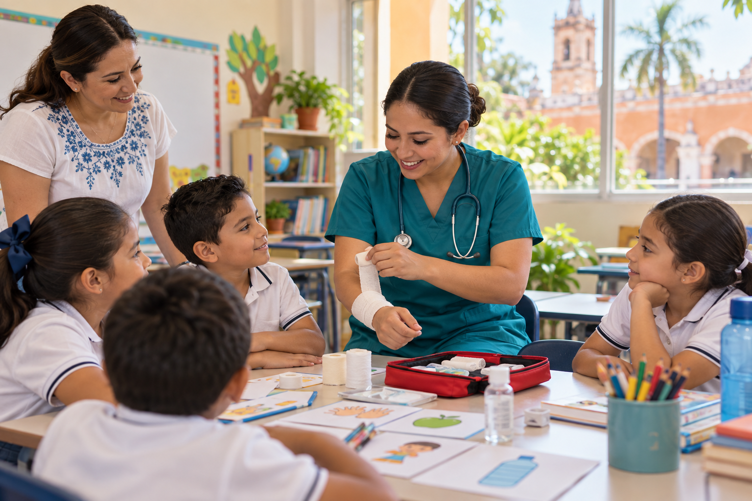 Profesional de salud acompaña una jornada escolar de prevención