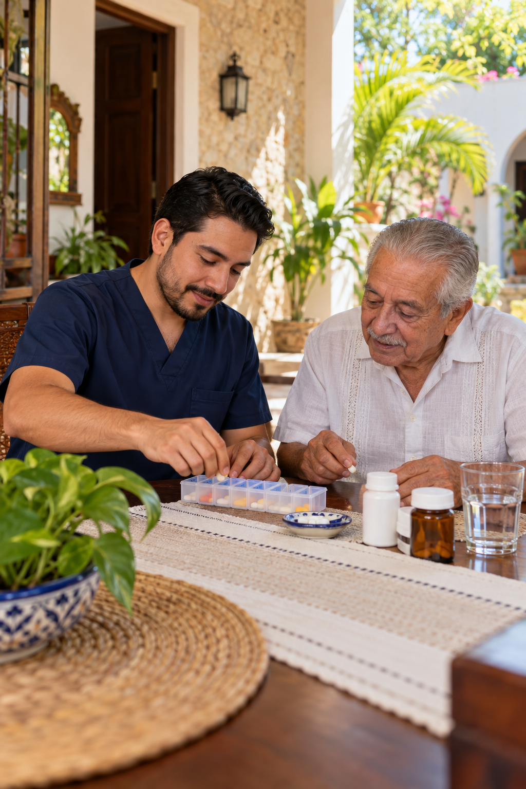 Profesional de enfermería organiza medicamentos para una persona